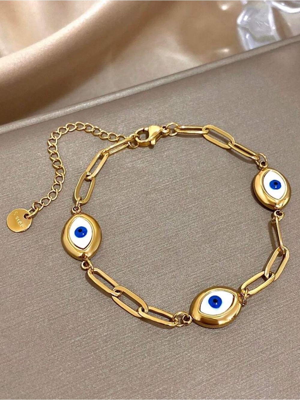 Gold Link Bracelet with Blue and White Eye Charms
